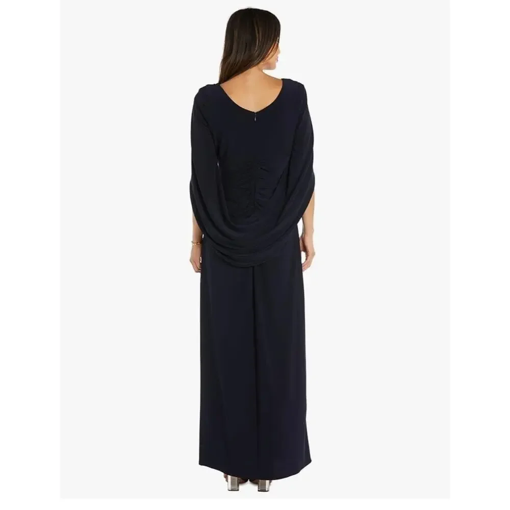 R&M Richards Navy Blue‎ Cape Back Ruched Maxi Evening Gown Dress 6 Rhinestones